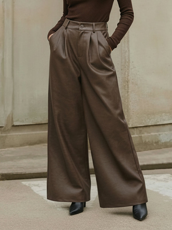 Pantalon large taille haute en similicuir