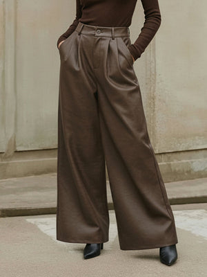 Pantalon large taille haute en similicuir