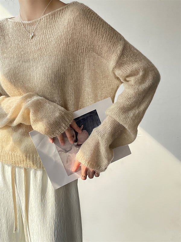 Pull fin tricoté en Mohair doux, manches longues, couleur unie, hauts fins