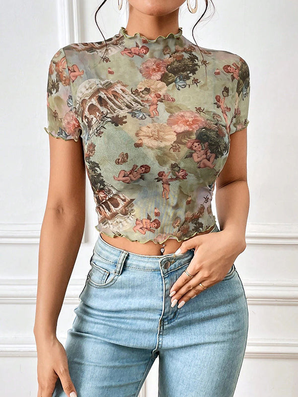 T-shirt transparent à manches courtes, coupe près du corps, à motifs figuratifs, à imprimé floral, à bordure volantée, à col cheminée