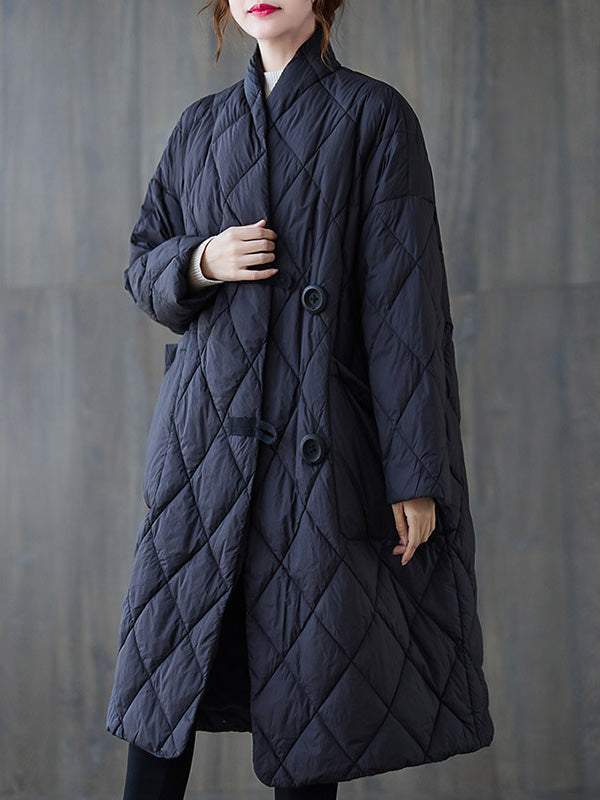 Manteau artistique boutonné matelassé vintage, rétro, à col montant, à manches longues, couleur unie