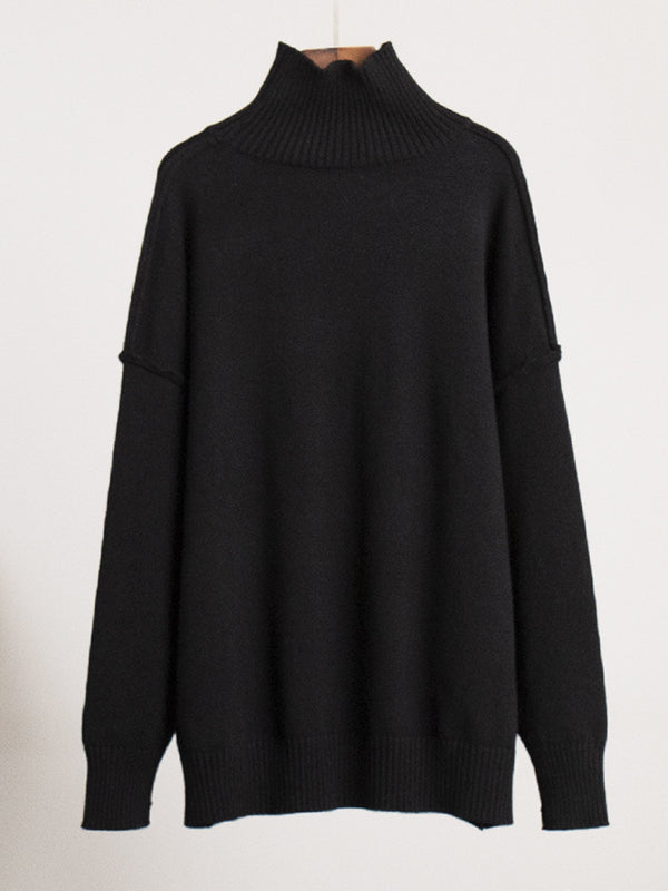 Pull ample à manches longues, à empiècements, à col haut, couleur unie