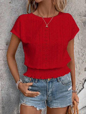 T-shirt ample ajouré à manches courtes, à taille élastique, en jacquard, à col rond, couleur unie