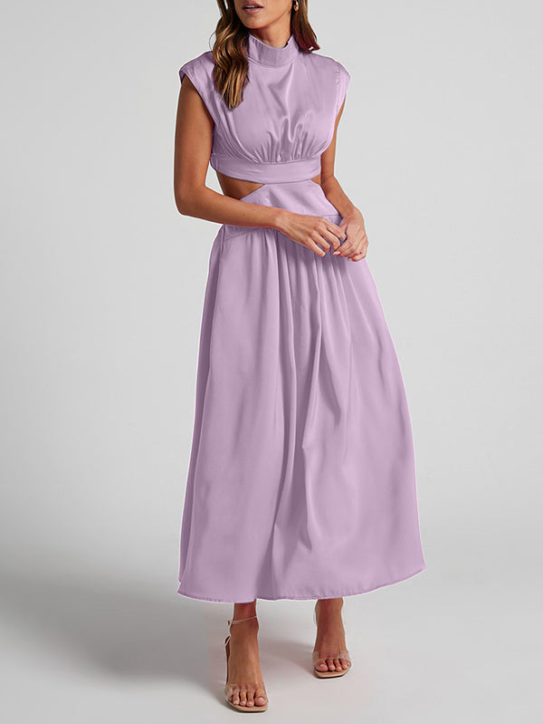 Robes longues plissées à manches courtes et ventre creux, couleur unie, col montant
