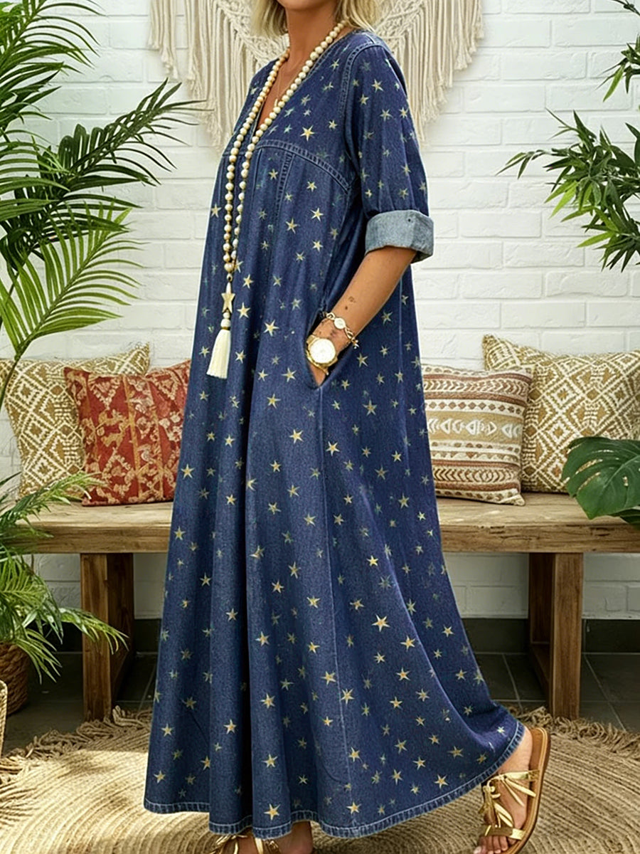Robe longue plissée imprimée coupe trapèze, à manches longues, à poches, à empiècements, à col en V
