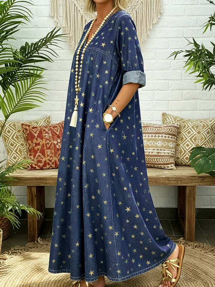 Robe longue plissée imprimée coupe trapèze, à manches longues, à poches, à empiècements, à col en V