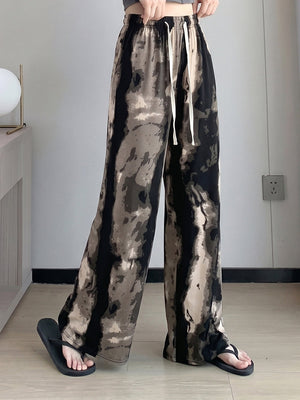 Pantalon imprimé taille haute, à jambes larges, à cordon de serrage, à taille élastique