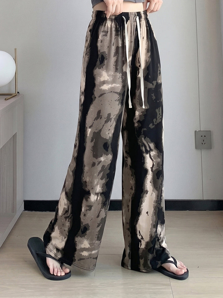 Pantalon imprimé taille haute, à jambes larges, à cordon de serrage, à taille élastique
