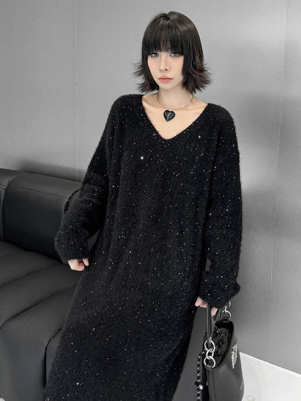 Robe pull brillante à coupe irrégulière, à manches longues, à sequins, à empiècements, à pompons, à col en V, couleur contrastée