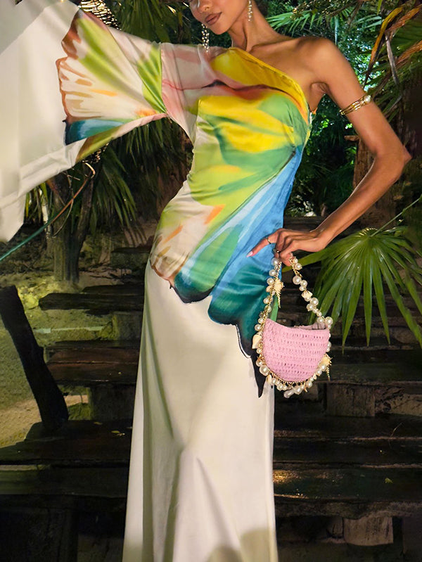 Robe longue ample asymétrique à manches longues, à imprimé floral, asymétrique à une épaule