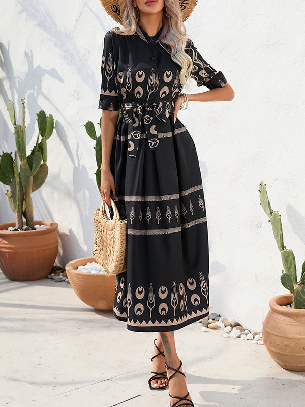 Robe mi-longue boutonnée coupe trapèze, à manches mi-longues, à taille nouée, à col revers
