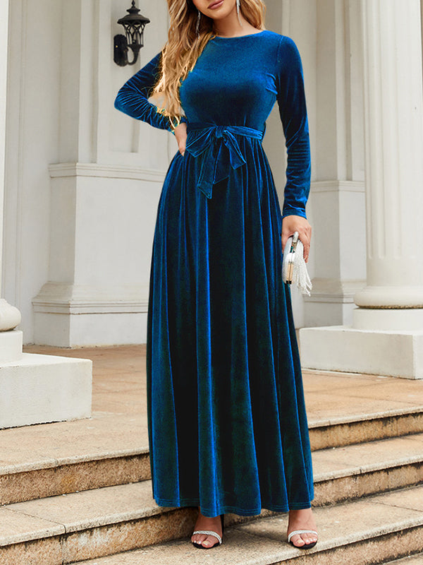 Robe longue plissée à manches longues, coupe portefeuille, avec ceinture, à fermeture éclair, à col rond, couleur unie