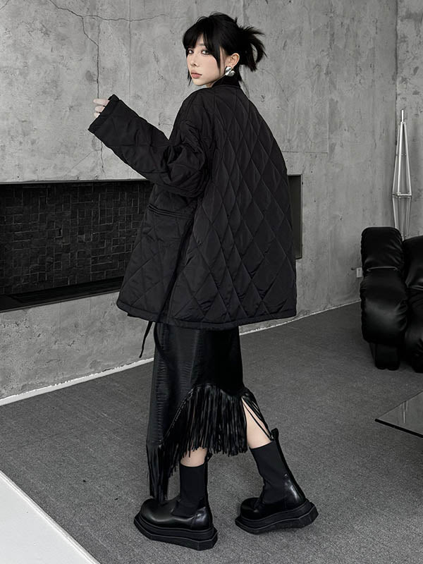 Manteau rembourré à manches longues, ample, à carreaux, couleur unie, à empiècements, noué, sans col, vêtements d'extérieur