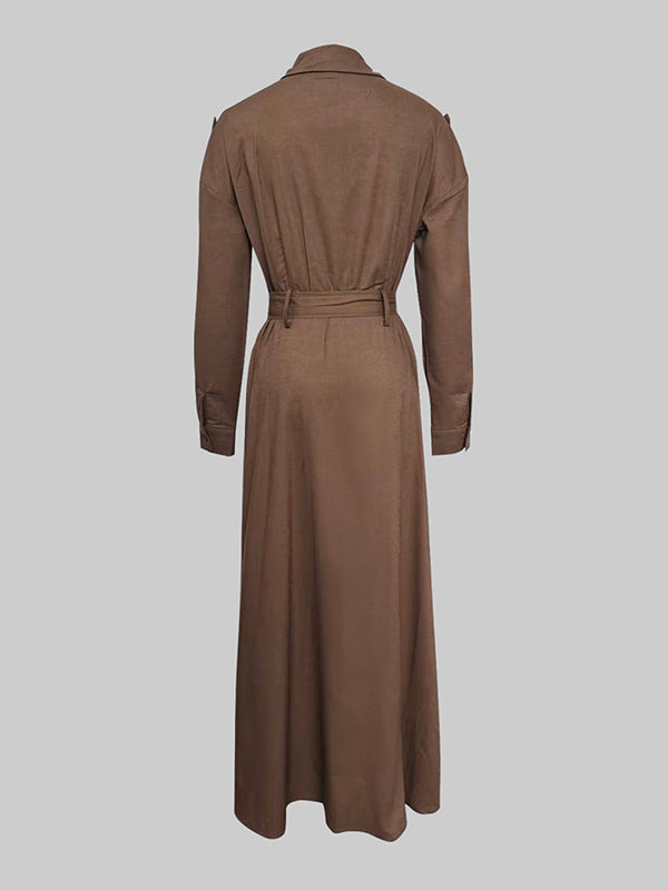 Robe chemise ample plissée à manches bouffantes, à empiècements, à col revers, couleur unie