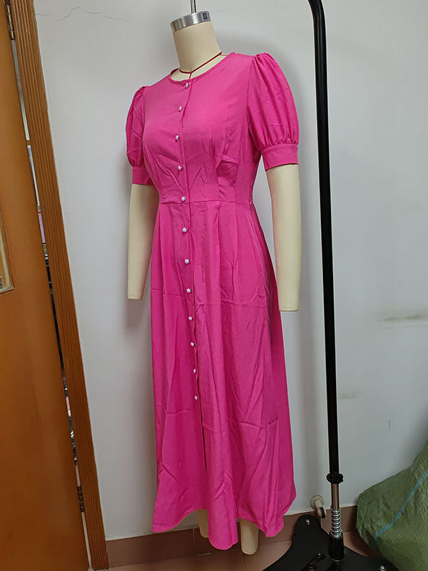 Robe chemise boutonnée à manches bouffantes, à manches courtes, à col rond, couleur unie
