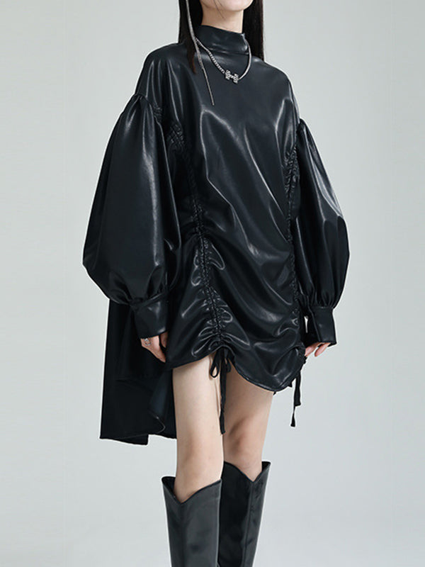 Robe courte plissée à ourlet plongeant, à manches longues, à cordon de serrage, à col montant, couleur unie