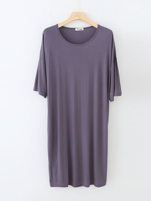 Robe de pyjama ample à taille haute, couleur unie, fendue, col rond