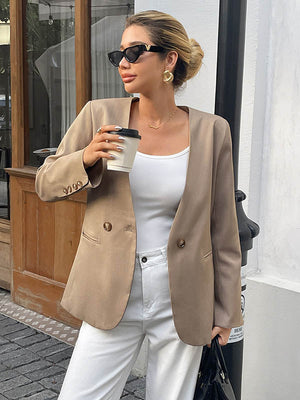 Blazer ample boutonné à manches longues, à empiècements, sans col, couleur unie
