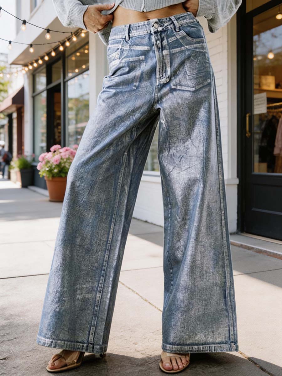 Jean ample imprimé taille haute, à empiècements