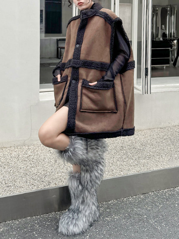 Gilet sans manches ample boutonné à poches, à empiècements, à col montant