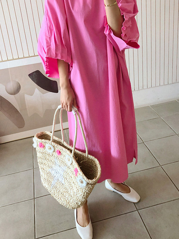 Robe mi-longue Plissée à Manches Raglan et Col en V de Grande Taille