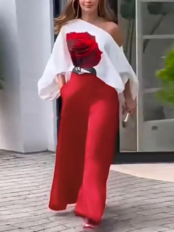 Pantalon ample taille haute, à poches, couleur unie