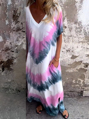 Robe trapèze ample avec poches de couleur contrastée et col en V teint par nouage