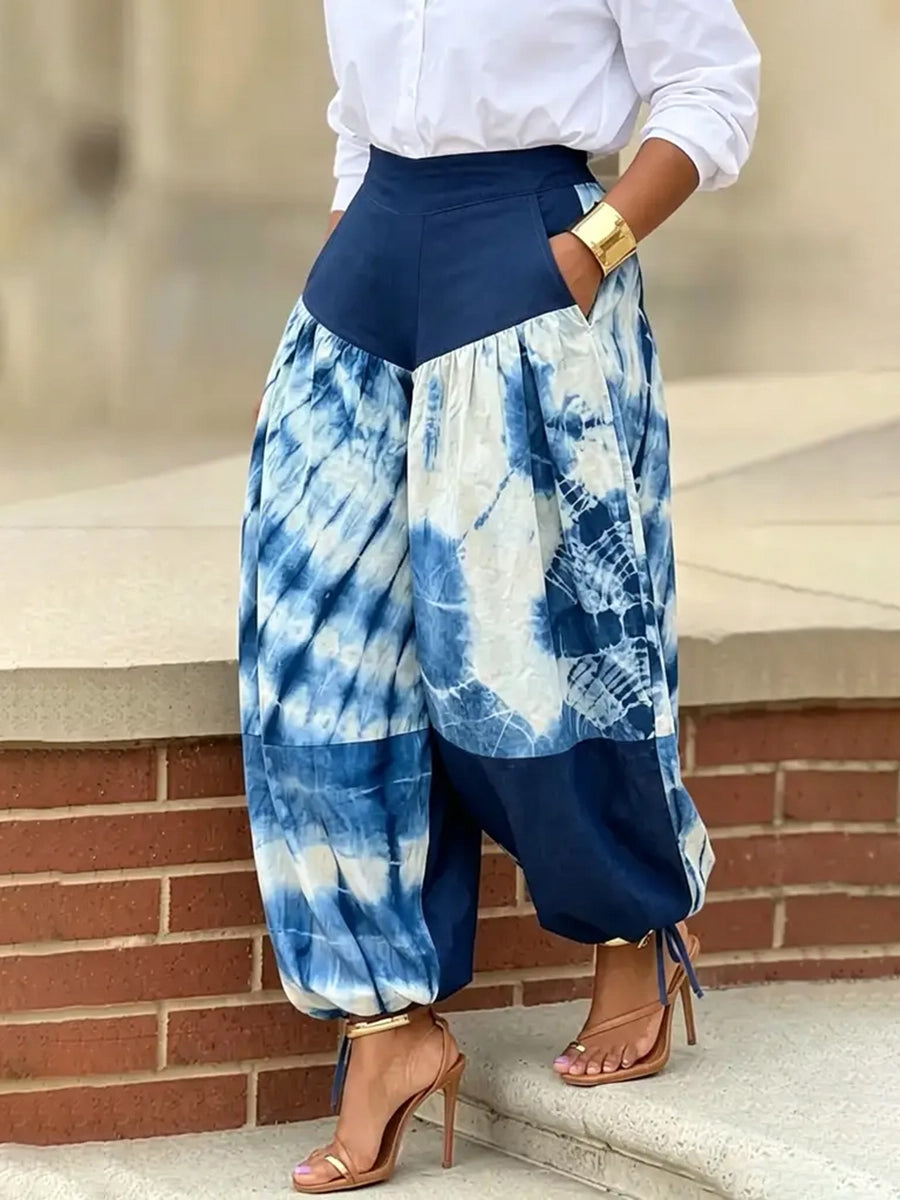 Pantalon resserré aux chevilles imprimé à empiècements, taille haute, couleur contrastée