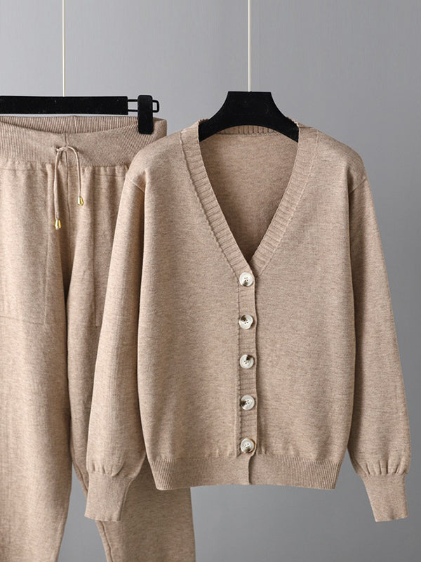 Ensemble deux pièces décontracté ample à col en V, couleur unie – cardigan + sarouel