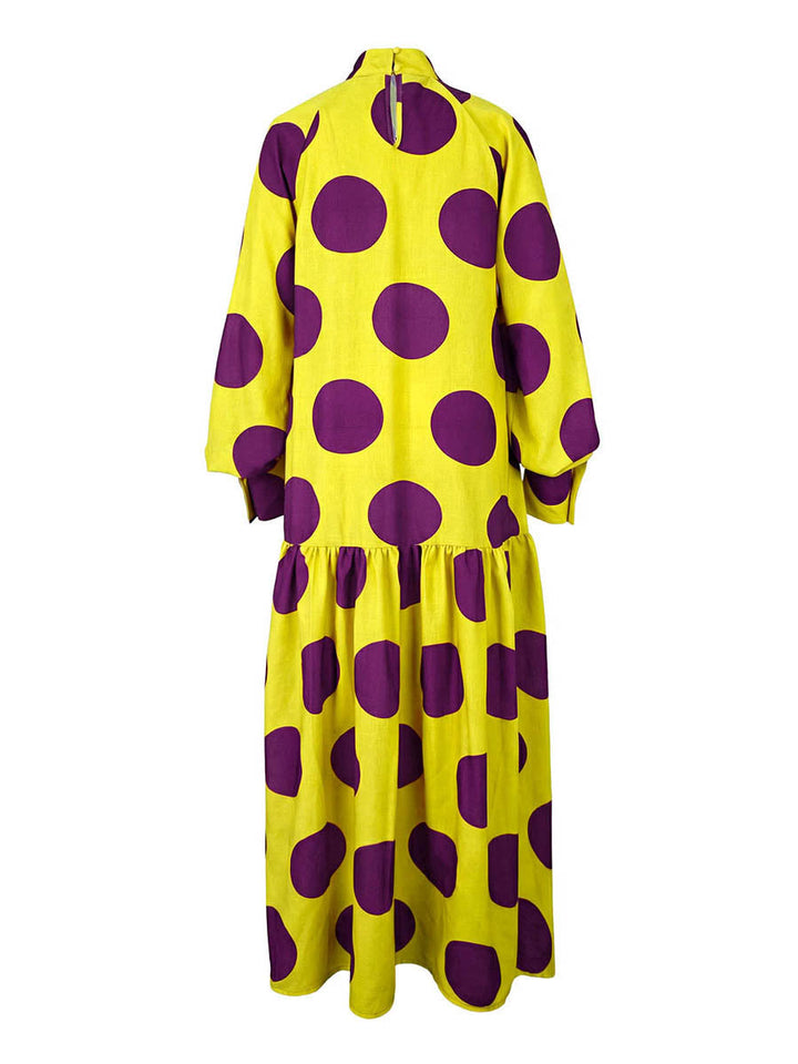 Robes longues à manches longues, ample, grand ourlet, couleur contrastée, plissées, pois, fente, demi-col roulé
