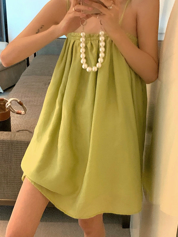 Robes courtes ample plissée sans manches, couleur unie, col Spaghetti, robe à bretelles