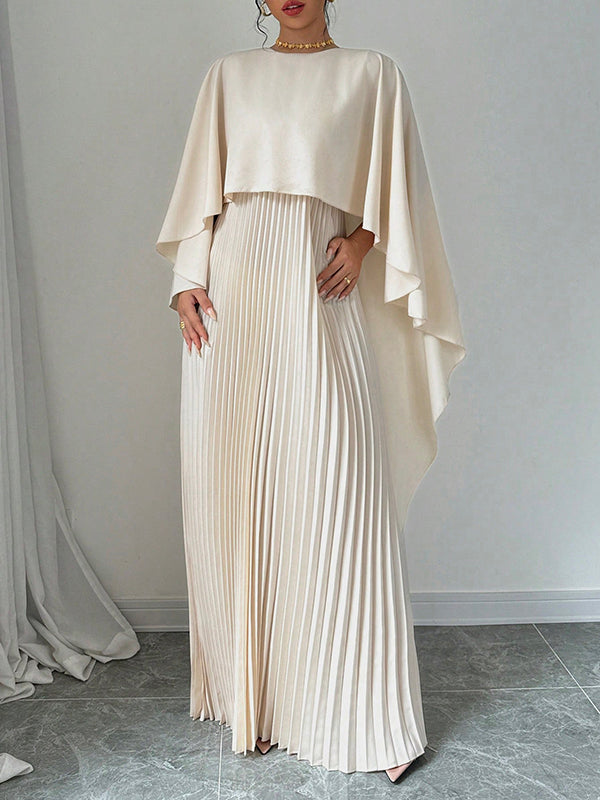 Robe de soirée longue plissée style cape, à ourlet plongeant, à empiècements, à col rond, couleur unie