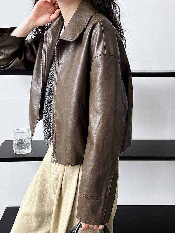 Veste ample à manches longues, à fermeture éclair, à col revers, couleur unie