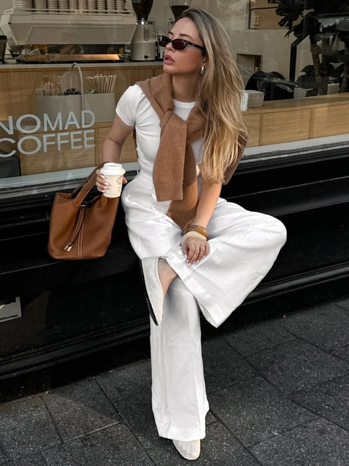 Pantalon plissé à taille élastique, taille haute, à empiècements, couleur unie