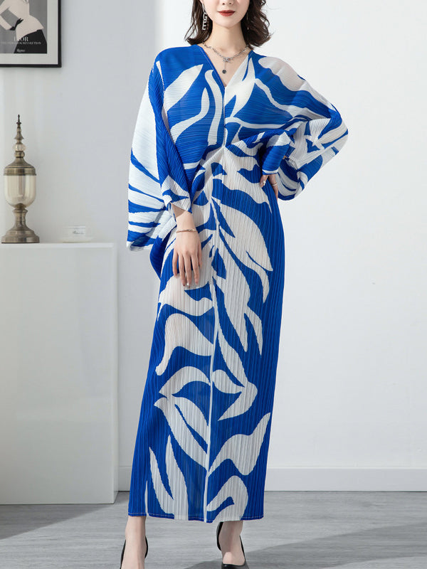 Robe mi-longue imprimée plissée à manches chauve-souris, à manches longues, à col en V, couleur contrastée