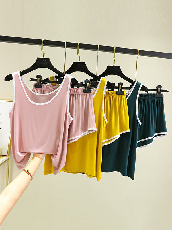 Gilet ample sans manches à col rond et couleur contrastée – Ensemble pyjama horts