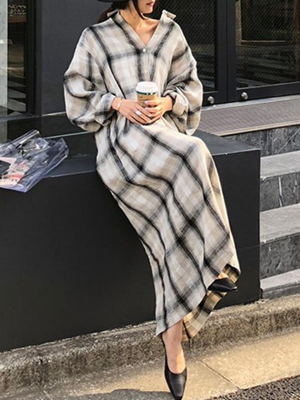 Robe chemise ample à manches longues, à carreaux, à empiècements, à taille nouée, à col revers