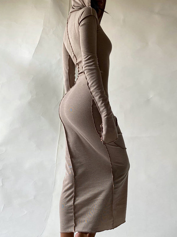 Robe longue à manches longues, grande taille, à empiècements, à capuche, couleur unie