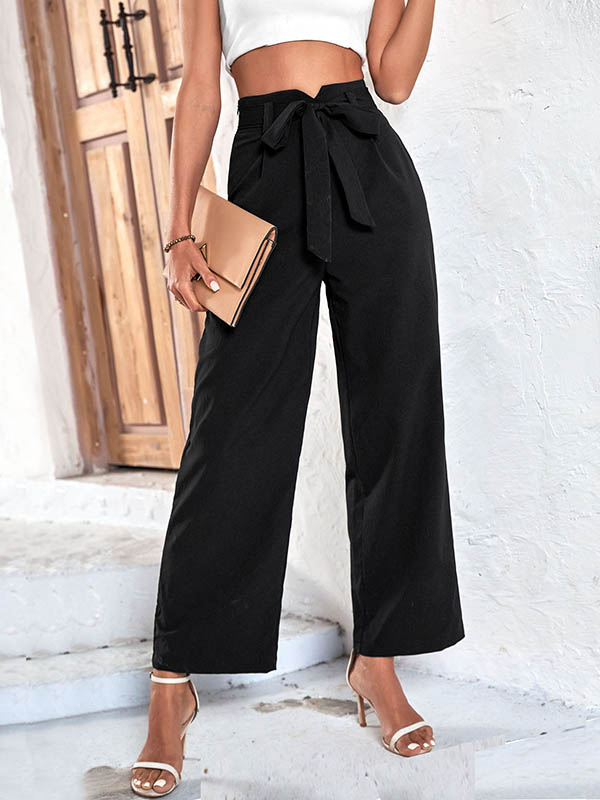 Pantalon côtelé décontracté taille haute, à jambes larges, couleur unie