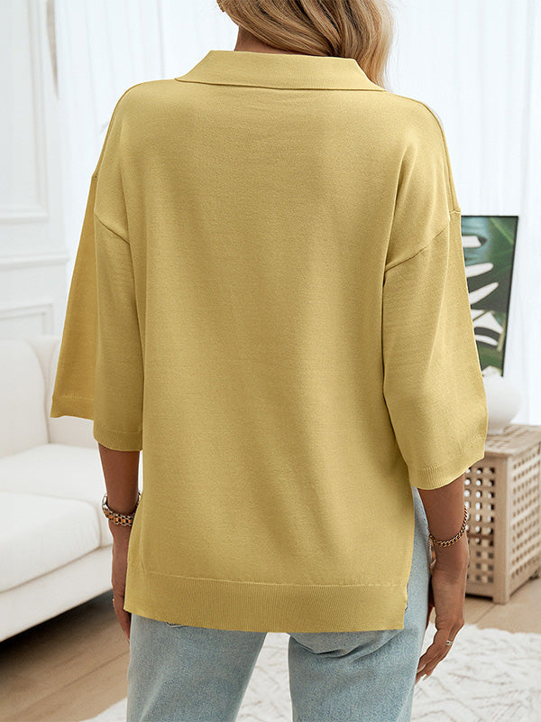 Pull ample à manches mi-longues, à col revers, couleur unie
