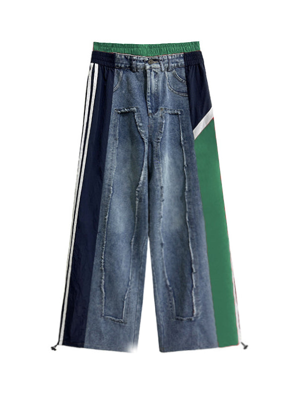 Jean ample à jambes larges, à cordon de serrage, à taille élastique, à franges, à empiècements, couleur contrastée