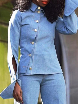 Pantalon ensemble deux pièces asymétrique boutonné ajouré à manches longues, à col revers