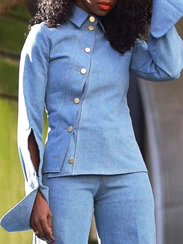 Pantalon ensemble deux pièces asymétrique boutonné ajouré à manches longues, à col revers