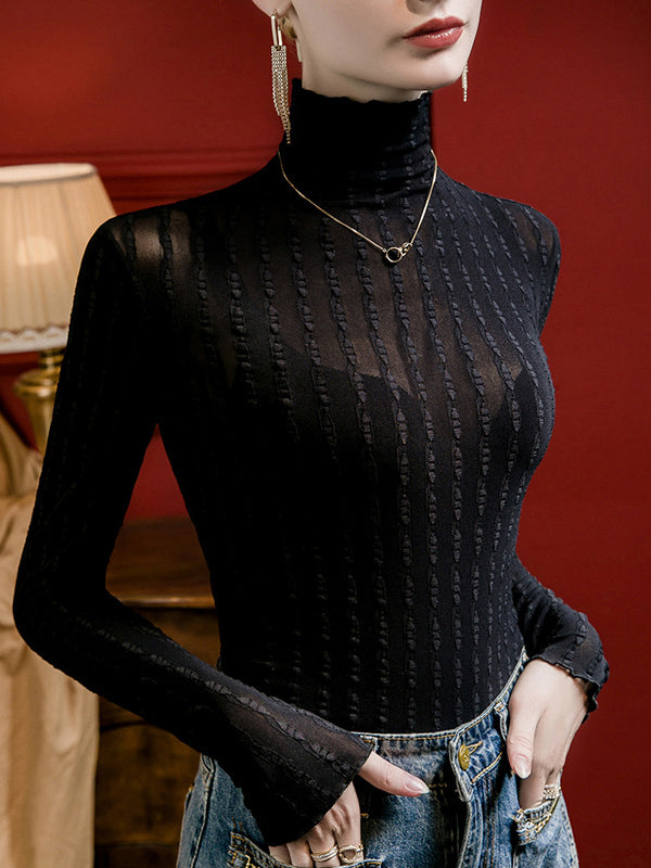 T-shirt transparent à manches longues, grande taille, en jacquard, à empiècements, à col haut, couleur unie