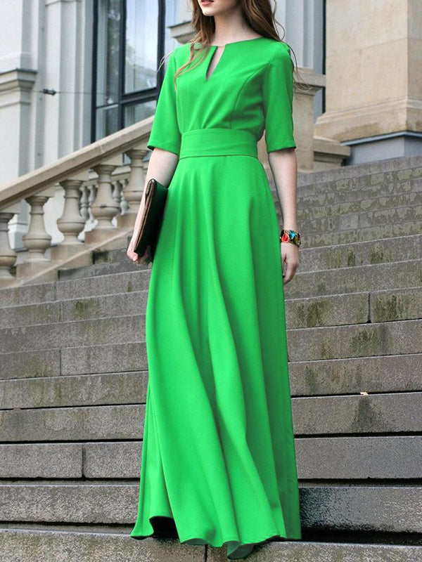 Robe longue à manches mi-longues, taille haute, à taille nouée, à col en V, couleur unie