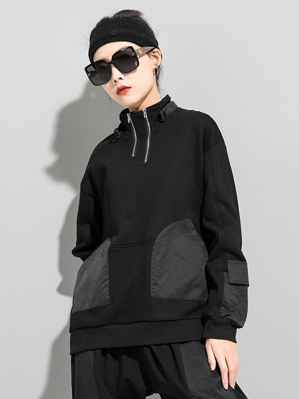 Sweat-shirt décontracté ample à manches longues, à fermeture éclair, à col haut, couleur unie