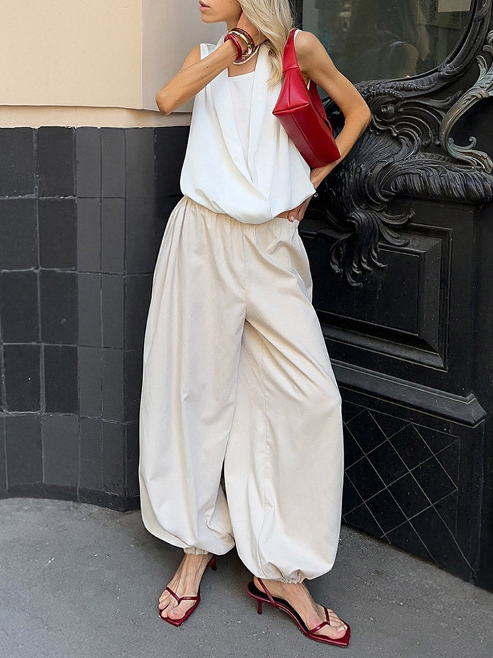 Pantalon resserré aux chevilles plissé à taille élastique, taille haute, à cordon de serrage, couleur unie