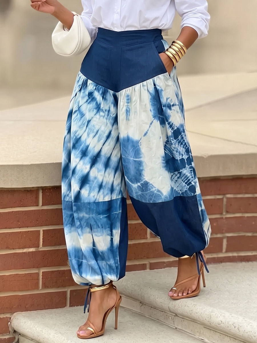Pantalon resserré aux chevilles imprimé à empiècements, taille haute, couleur contrastée