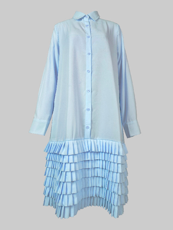 Robe chemise superposée plissée coupe trapèze, à manches longues, à poches, à empiècements, à col revers, couleur unie