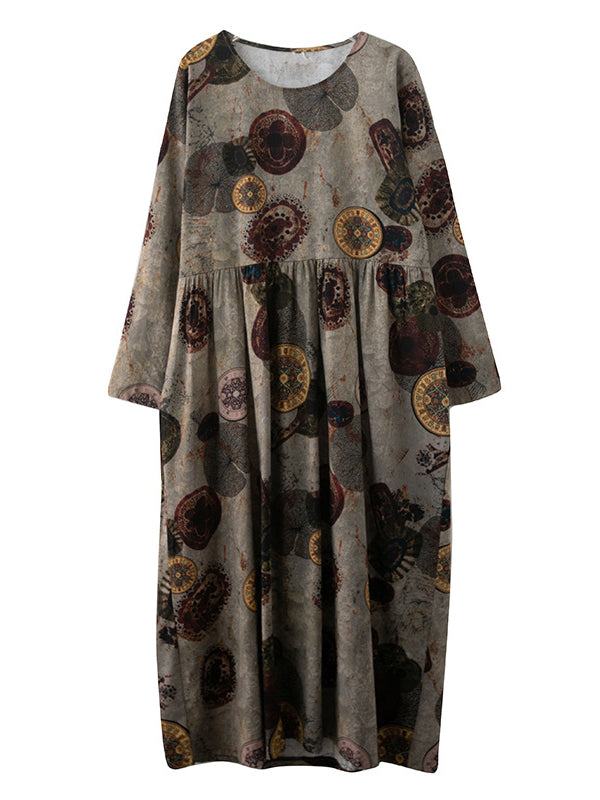 Robe longue artistique ample imprimée rétro, à manches longues, à col rond